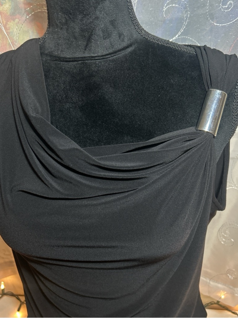 Chaus Black One-Shoulder Draped Top with Silver Shoulder Accent